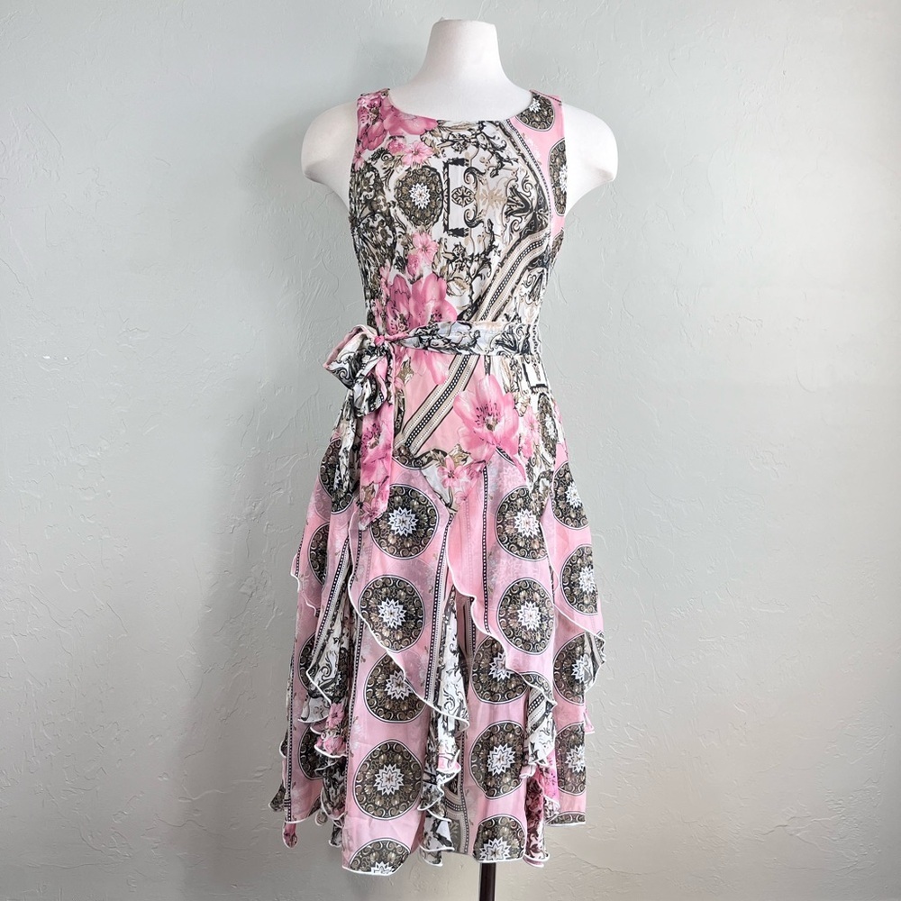 Amanda Lane Floral Pink Sleeveless Ruffle Midi Dress
